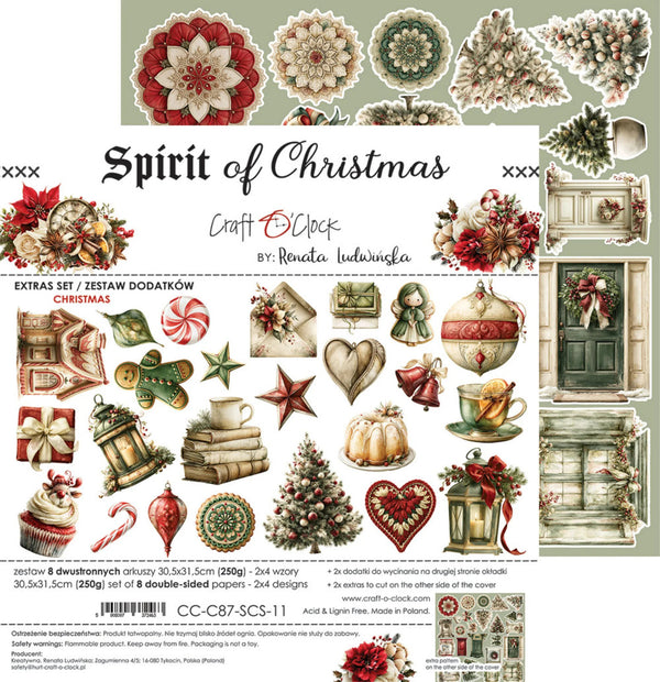 A festive Christmas craft paper set titled 'Spirit of Christmas' by Renata Ludwicka, featuring 24 double-sided designs and 8 extra designs. The sheet displays a variety of vintage-style illustrations including ornaments, wreaths, candy canes, gingerbread cookies, hearts, and holiday scenes on a light sage green background.