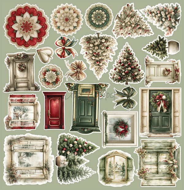 A collage of vintage-style Christmas-themed cutout illustrations, including floral wreaths, decorated doors, Christmas trees, ornaments, and holiday windows, arranged on a muted sage green background.