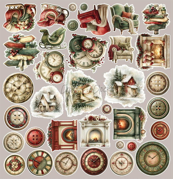 A collage of vintage-style Christmas and winter illustration elements on a light gray background, including clocks, fireplace scenes, stockings, ornaments, a bird, a sleigh, books, and rustic decorative motifs.