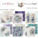 A collage of floral paper designs with the text 'Craft O'Clock', 'Flowers of Dolight', and 'BIG PAPERS - 250gsm' by Renata Ludwinska. The papers feature pastel purple, lavender, blue, and beige floral arrangements, succulents, and textured backgrounds.