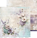 A decorative paper or scrapbook design sheet featuring a soft floral arrangement with large off-white blossoms, lavender-purple flowers, and pale blue hydrangeas on a distressed pastel background. The design includes visible brand text 'Crafty Designs' and product text 'Flowers of Delight