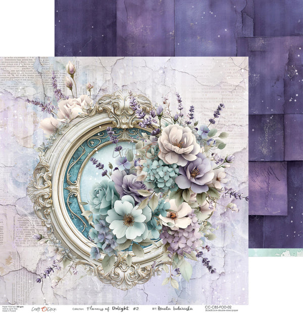 A decorative art print or scrapbook paper design featuring an ornate oval frame filled with pastel flowers in lavender, cream, and pale blue, set against a distressed light background. Purple textured panels appear along the right side and top edge, suggesting a layered paper or digital craft design.