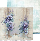 A decorative floral artwork or scrapbook paper design featuring two clusters of lavender and blue flowers on a distressed beige background with a light aqua textured border.