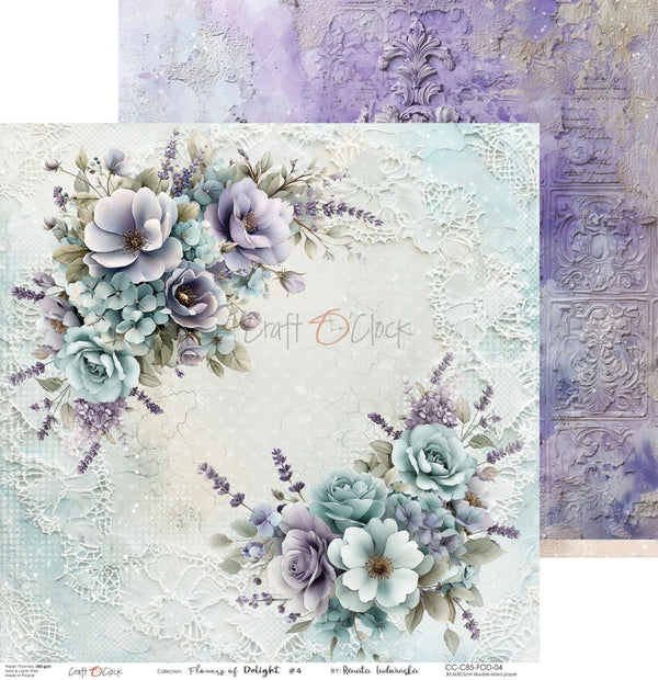 A decorative scrapbook paper design sheet with floral clusters in pale blue, lavender, and white on a textured off-white background, shown with a matching embossed purple paper sample behind it. Visible text includes Craft O'Clock and the collection name Memories of Delight.