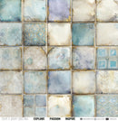 A grid of square decorative tiles in soft blue, beige, cream, and gray tones with distressed textures, watercolor effects, and some ornate patterned sections. A faint 'Craft Club' watermark is visible across the center, and a bottom banner reads 'HAVE A HAPPY CREATING EXPLORE PASSION INSPIRE' with social handles.