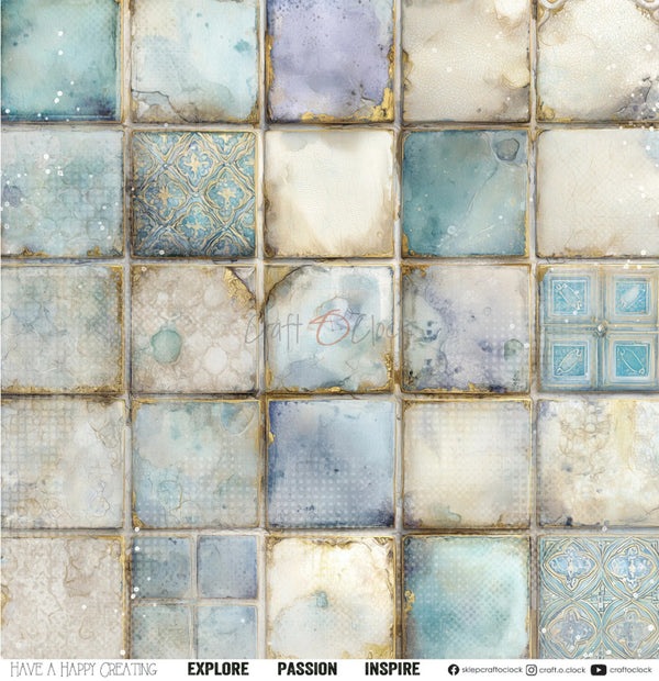 A grid of square decorative tiles in soft blue, beige, cream, and gray tones with distressed textures, watercolor effects, and some ornate patterned sections. A faint 'Craft Club' watermark is visible across the center, and a bottom banner reads 'HAVE A HAPPY CREATING EXPLORE PASSION INSPIRE' with social handles.