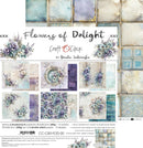 A product display sheet for 'Flowers of Delight' paper set by Renata Ludwikowska, showing various watercolor floral and tile patterned double-sided papers.