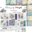A product sheet for 'Flowers of Delight' double-sided scrapbooking paper by Craft With Clock, featuring a grid of sample cards showcasing floral and patterned designs in soft blue, purple, and beige tones.