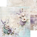 A decorative floral art print or scrapbook paper design featuring large cream flowers, lavender hydrangeas, and pale blue blossoms on a distressed off-white background with layered wood textures.