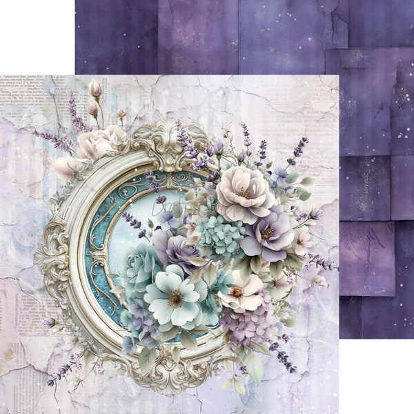 A decorative art print or card featuring an ornate oval mirror frame surrounded by pastel flowers in lavender, cream, and pale blue on a distressed light background, with a purple patterned sheet partially visible behind it.