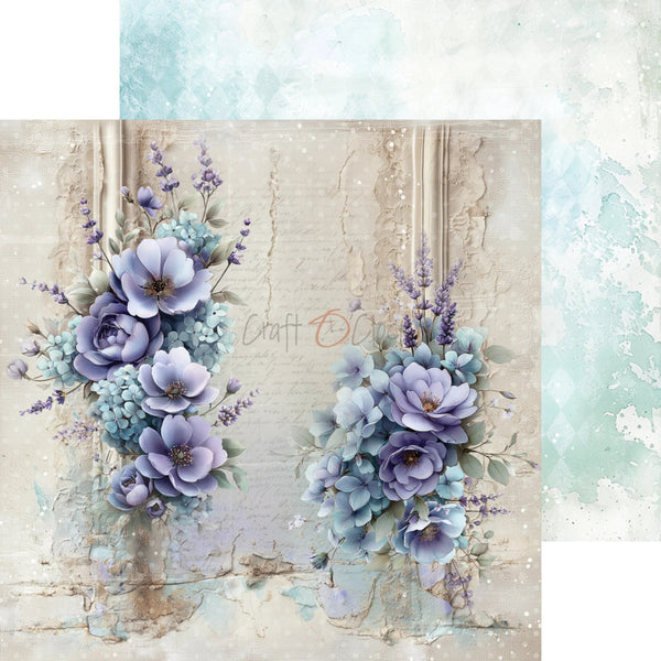 A decorative floral artwork showing two clusters of blue and lavender flowers on a distressed beige background with a soft aqua watercolor wash behind it. A faint 'Craft On' watermark is visible across the center.