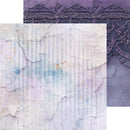A craft paper or fabric design sheet featuring a distressed, cracked pastel surface with vertical stripe texture and faint vintage text, layered over a purple lace pattern on a white background.
