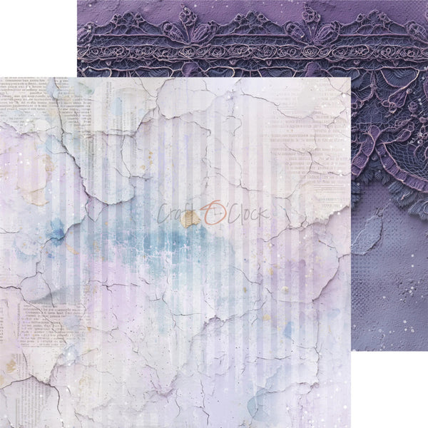 A craft paper or fabric design sheet featuring a distressed, cracked pastel surface with vertical stripe texture and faint vintage text, layered over a purple lace pattern on a white background.