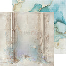 An abstract textured paper design featuring a distressed cream and beige background with vertical panel details, subtle script writing, and blue-green marbled accents. A second overlapping design in the upper right shows a blue-green abstract pattern with gold veining.