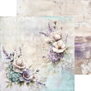 A decorative floral art print or scrapbook paper design featuring pastel flowers in lavender, cream, pale blue, and soft green on a textured distressed background with layered wood textures.