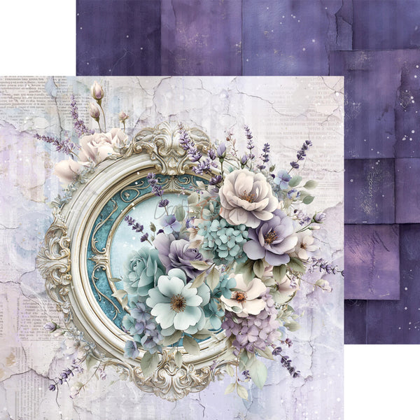 A decorative art print or card featuring an ornate oval mirror frame surrounded by pastel flowers in lavender, cream, and pale blue on a distressed light background, with a purple patterned sheet partially visible behind it.