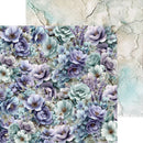 A floral patterned paper or fabric sample with layered purple, lavender, blue, and sage green flowers and leaves, shown alongside a textured cream and aqua abstract background.