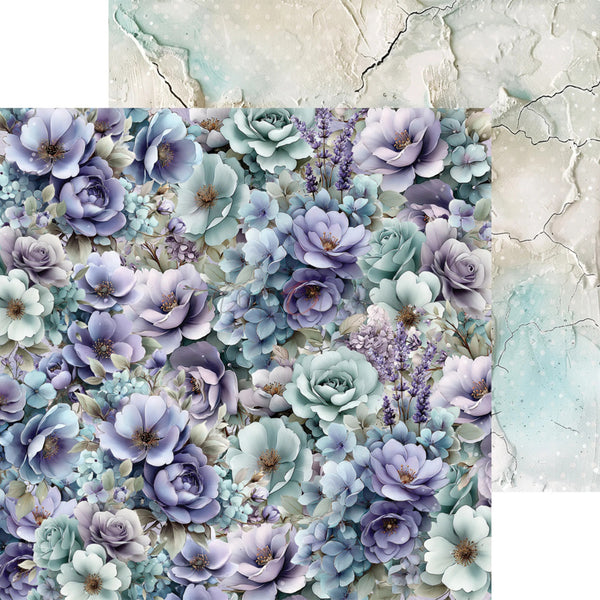 A floral patterned paper or fabric sample with layered purple, lavender, blue, and sage green flowers and leaves, shown alongside a textured cream and aqua abstract background.
