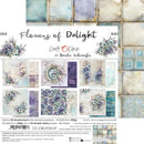 A product display sheet for 'Flowers of Delight' scrapbooking paper by Craft OClock. The sheet features a grid of various paper designs with floral patterns, watercolor textures, and vintage tile motifs in soft pastel tones of blue, purple, beige, and green.