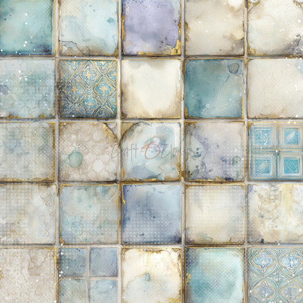 A repeating grid of square decorative tiles in soft blue, beige, cream, and gray tones with distressed textures, watercolor effects, and some ornate patterned sections. A faint 'Craft On Line' watermark is visible across the center.