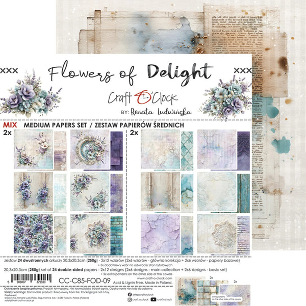 Craft Clock 'Flowers of Delight' medium papers set by Renata Lutowinska, featuring a collage of floral and vintage-themed paper designs in soft purple, blue, beige, and green tones.