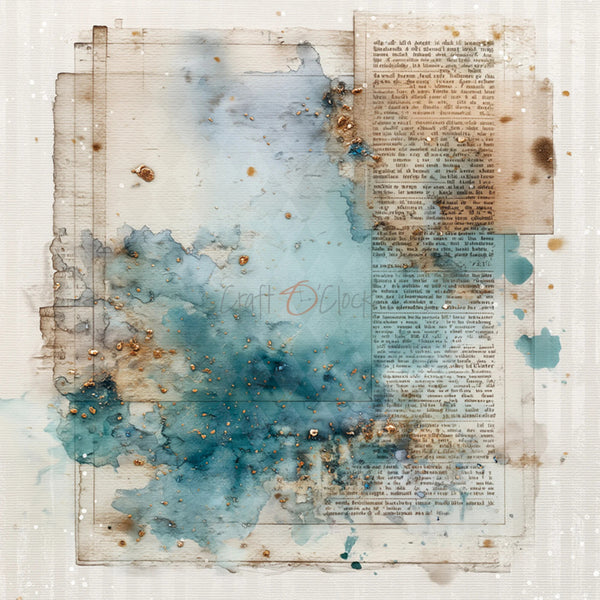 Abstract mixed-media art print featuring watercolor washes in teal, blue, and beige over a vintage book page background with distressed brown spots and gold foil accents.