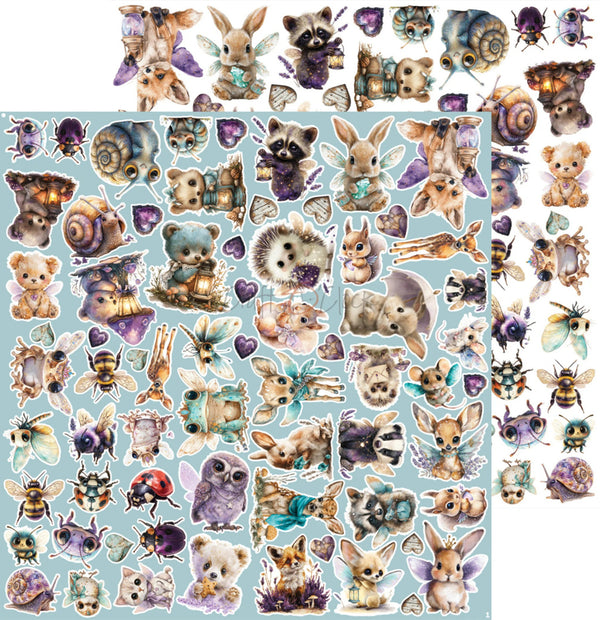 A sheet of assorted cute animal and nature stickers on a light blue background, featuring rabbits, raccoons, bears, butterflies, bees, snails, owls, and flowers in pastel and purple tones.