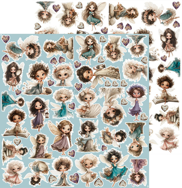 A sheet of decorative stickers featuring cute illustrated fairy characters, hearts, and small decorative motifs on a light blue background, with additional matching sticker sheets shown beside it.