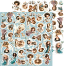 A sheet of decorative stickers featuring cute chibi-style fairy illustrations on a light blue background, with additional sticker sheets shown above and to the right.