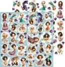 A sheet of decorative stickers featuring cute cartoon fairy illustrations, pastel dresses, purple hearts, and butterflies on a light blue background, shown alongside smaller previews of the sticker designs.