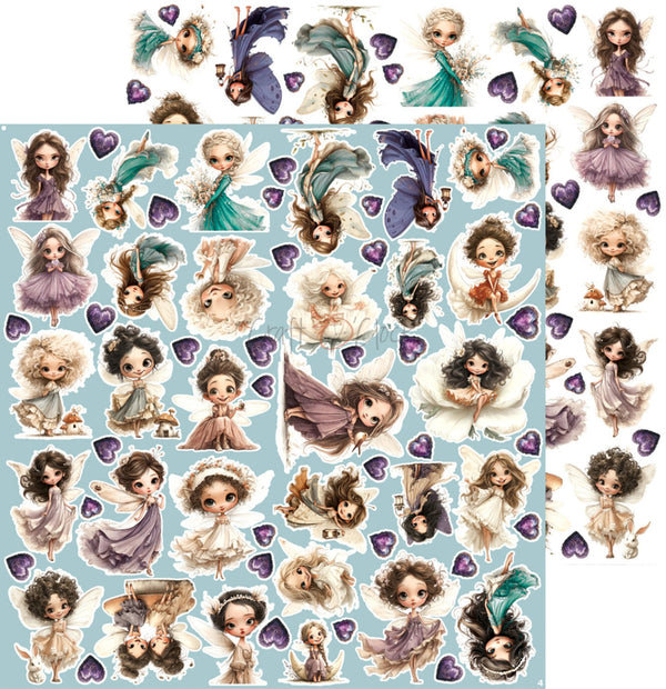 A sheet of decorative stickers featuring cute cartoon fairy illustrations, pastel dresses, purple hearts, and butterflies on a light blue background, shown alongside smaller previews of the sticker designs.
