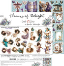 A product sheet for a craft embellishment set titled 'Flowers of Delight' by Renata Iwczuk. The sheet displays various fairy-themed illustrations, including cute woodland fairies, a purple fairy house, a blue birdhouse, and floral designs, alongside double-sided paper designs.