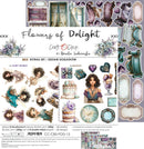 Sticker sheet titled 'Flowers of Delight' by Renata Iwczuk, featuring watercolor-style floral and vintage illustrations including purple flowers, hearts, clocks, frames, and decorative text elements.