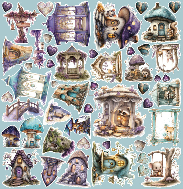 A sheet of whimsical fairy-tale sticker designs on a light blue background, featuring mushroom houses, a treehouse, a small cottage with a raccoon, bridges, hearts, and fantasy architectural elements.