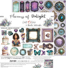 A product sheet for a scrapbooking paper set titled 'Flowers of Delight' by Craft O'Clock. The sheet features a collage of decorative elements including purple and teal floral frames, vintage-style frames, butterflies, watercolor flowers, and a watercolor portrait of a woman.