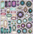 A sheet of decorative vintage-style frame templates and embellishments in pastel purple, turquoise, pink, and antique gold tones on a light lavender background.