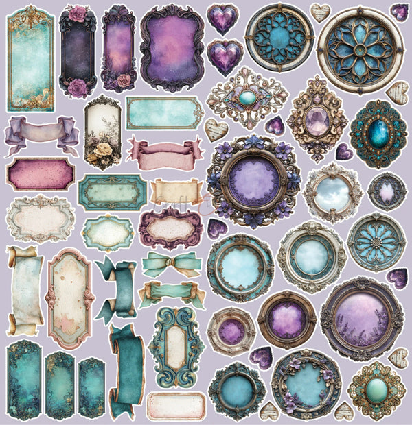 A sheet of decorative vintage-style frame templates and embellishments in pastel purple, turquoise, pink, and antique gold tones on a light lavender background.