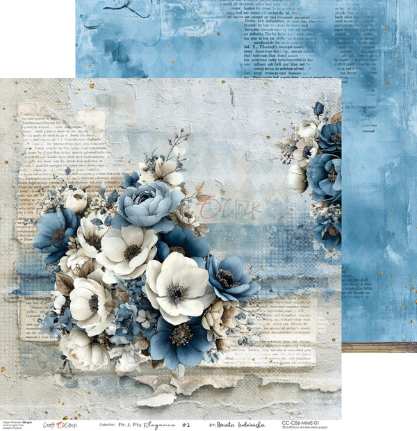 A decorative scrapbook paper or card design sheet featuring a floral arrangement in blue and white tones over a distressed vintage newspaper background, with a matching blue textured paper layer behind it.