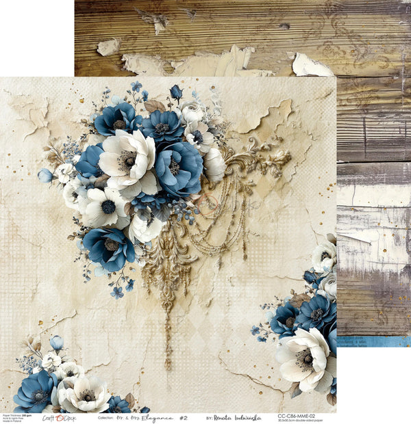 A decorative floral artwork or print featuring blue and white flowers with distressed beige and wood-toned background textures. The composition shows layered floral clusters on a cream textured field, with additional wood paneling visible at the top and right edges.