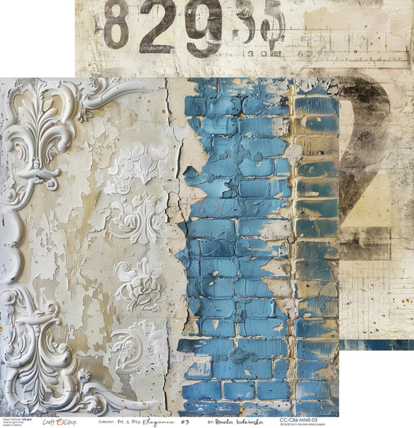 A square art print or scrapbook paper featuring a distressed collage of textures: peeling blue brick, ornate white plaster molding, and aged beige paper with dark printed numbers and lines. The bottom edge shows small printed text and code markings.