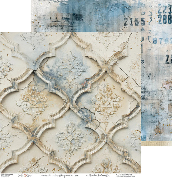 A close-up of a distressed decorative wallpaper or fabric pattern with cream and beige trellis arches, floral motifs, and weathered blue-gray paint accents. The image includes a small brand strip along the bottom reading CC-Claymold Oil and CC-Designs by the Crafter's Companion.