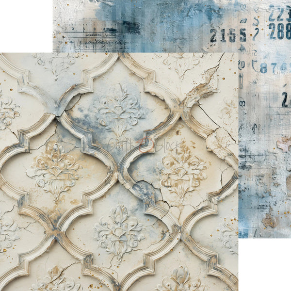 Decorative wall art featuring a distressed cream and blue-gray embossed quatrefoil pattern with floral motifs and weathered industrial-style blue panels in the background.