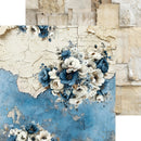 A decorative floral artwork or print featuring blue and cream faux flowers arranged over a textured background with cracked beige plaster and a large blue lower section.