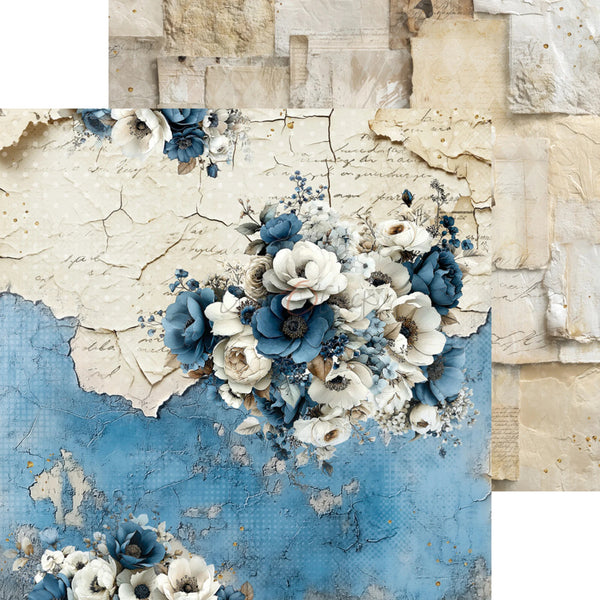 A decorative floral artwork or print featuring blue and cream faux flowers arranged over a textured background with cracked beige plaster and a large blue lower section.
