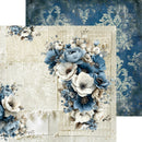 A decorative floral arrangement featuring blue and white flowers on a vintage-style cream background, with a matching blue damask patterned sheet partially visible behind it.