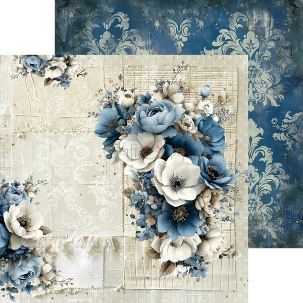 A decorative floral arrangement featuring blue and white flowers on a vintage-style cream background, with a matching blue damask patterned sheet partially visible behind it.