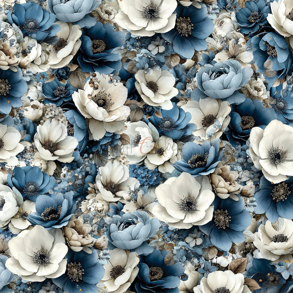 A seamless floral pattern featuring blue and white flowers with detailed centers, including anemone and rose-like blooms, in shades of blue, white, and beige.
