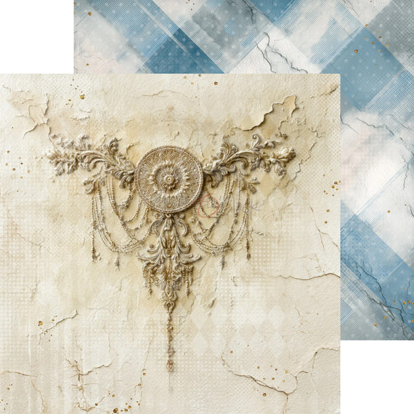A square decorative art print or card featuring an ornate beige chandelier illustration on a distressed cream background, with a blue-and-white patterned corner overlay.