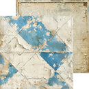 A square decorative art print or panel showing a distressed patchwork design with cracked off-white and beige layers over blue sections, with a second matching panel partially visible behind it on a white background.