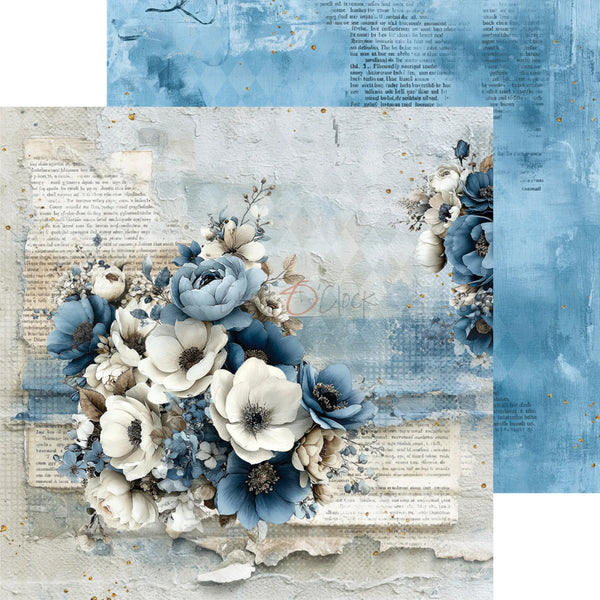 A decorative scrapbook or craft paper design featuring blue and white flowers layered over distressed vintage book pages, with a textured blue border on the right side.